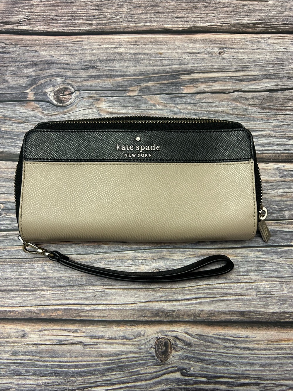Kate Space Two-Tone Black and Beige Zip-Around Wristlet Wallet